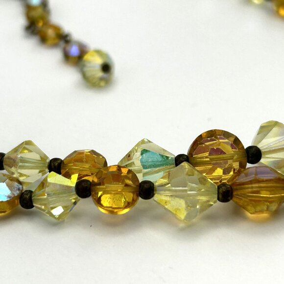 Vintage Two Strand Amber Yellow Aurora Borealis Glass Bead Facet Necklace 1950s - Picture 2 of 12